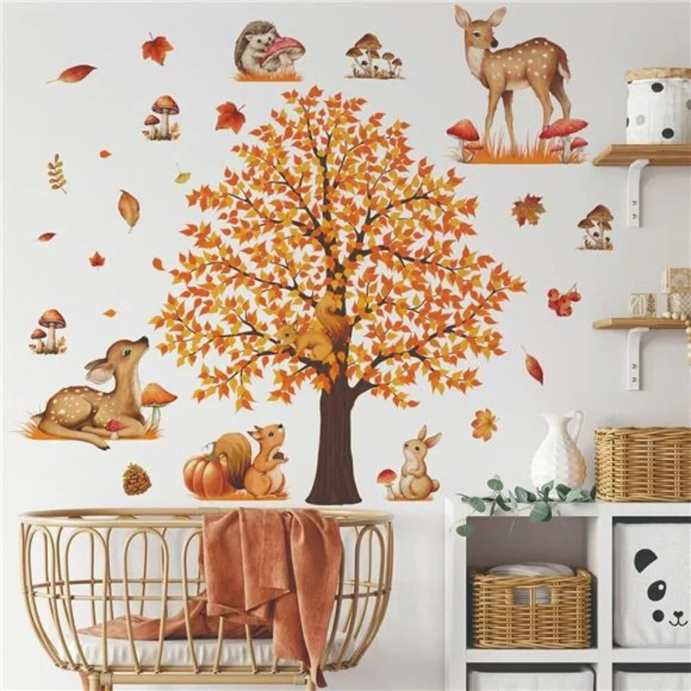 fall autumn maple tree wall decals woodland animals mushroom bedroom decor room